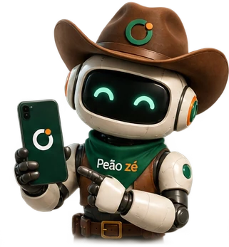 Peão Zé, o assistente de inteligência artificial do Ortu Agro, com um celular na mão