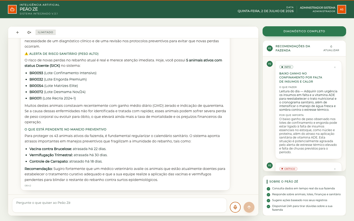 Recomendações e diagnóstico proativos do Peão Zé no sistema